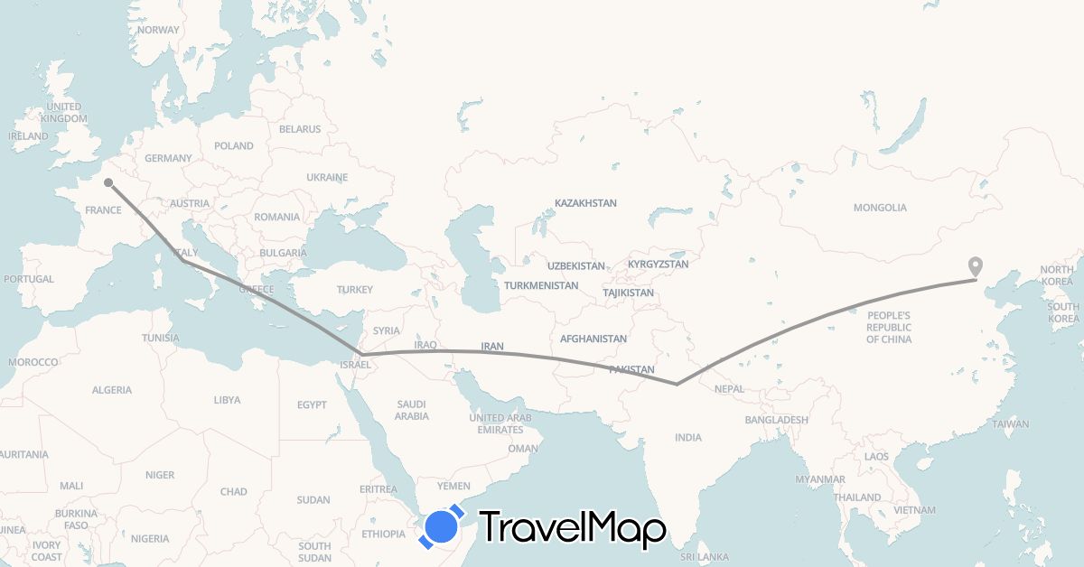 TravelMap itinerary: driving, plane in China, France, India, Italy, Jordan (Asia, Europe)